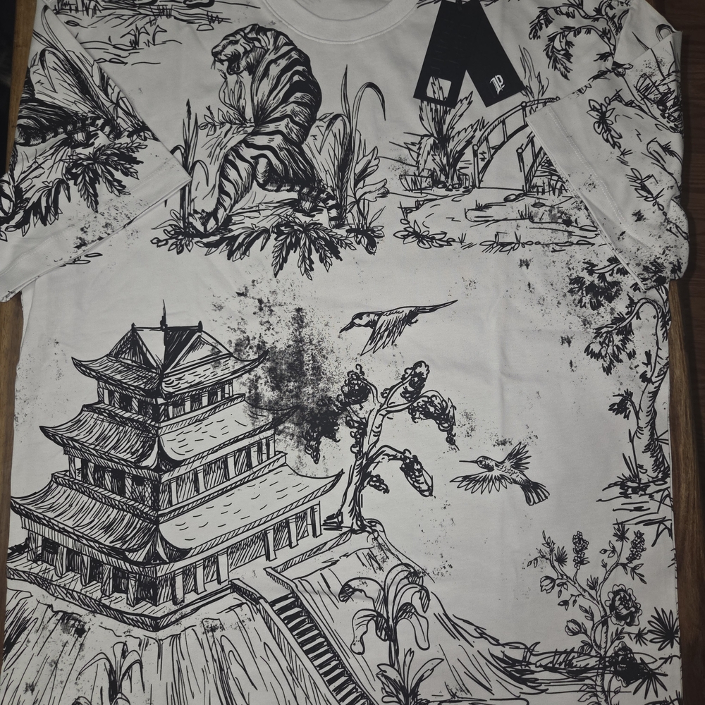 Left Points Graphic Tee with Tiger and Pagoda Design
